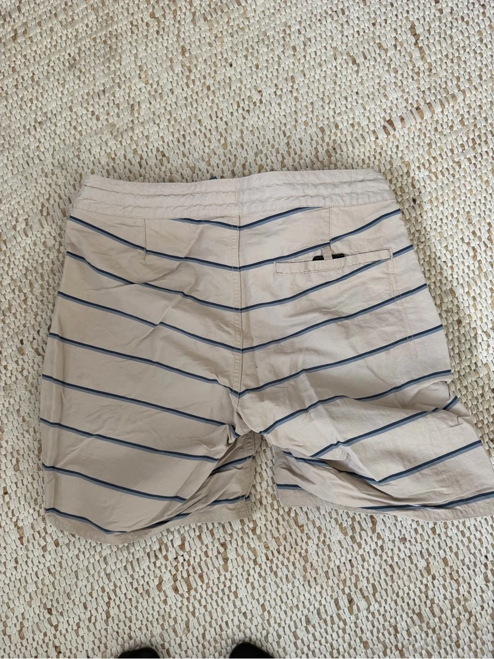 Patagonia Beige Swim Shorts with Navy Stripe